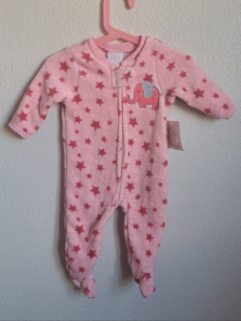 Girls Fuzzy Pink Star Elephant Print Footies Size 3M NWT